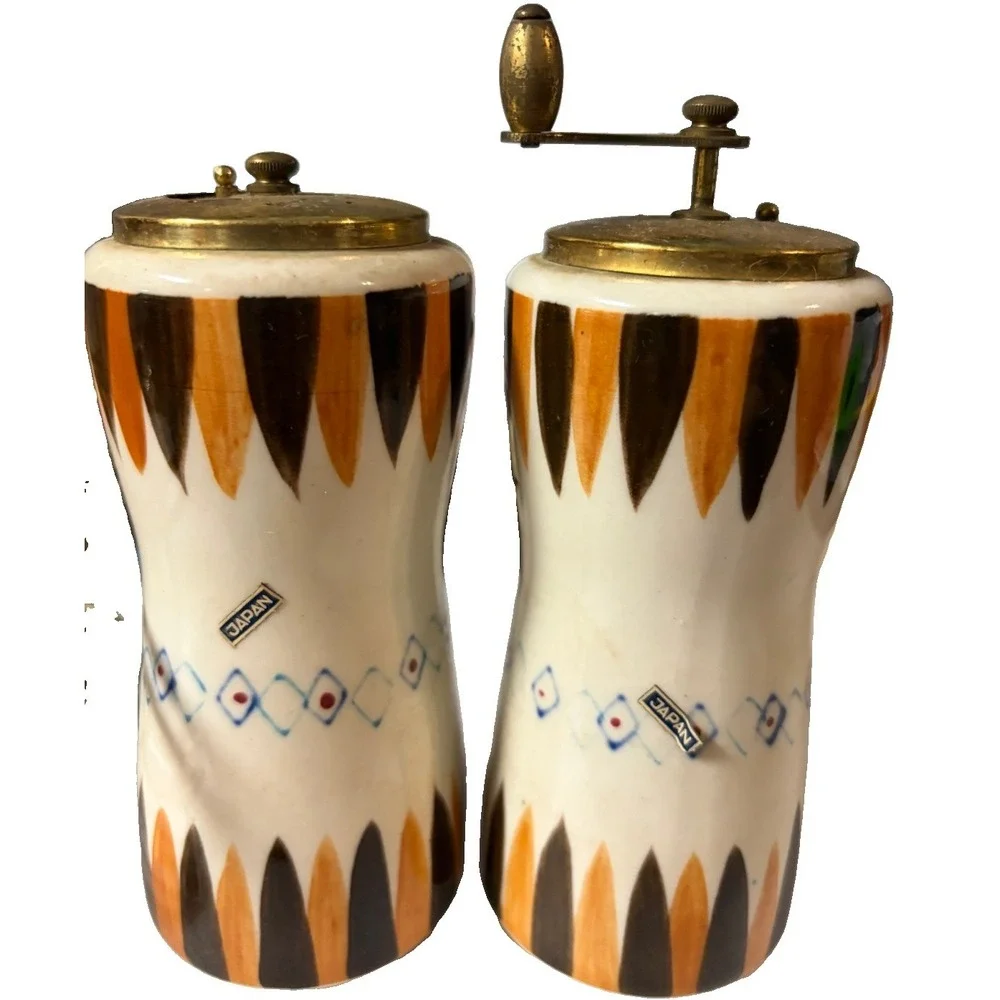 Japan Ceramic Brass Salt Shaker Pepper Grinder Caddy MCM Atomic Hand Painted